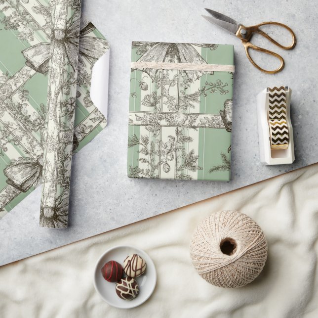 Papel De Presente French Green Christmas Toile Bow Patterned (Artesanato)