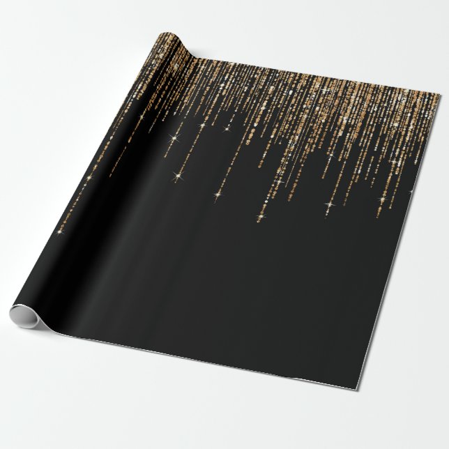 Papel De Presente Frente Glitter Preto-Dourado Espelho Preto-Luxo (Desenrolado)