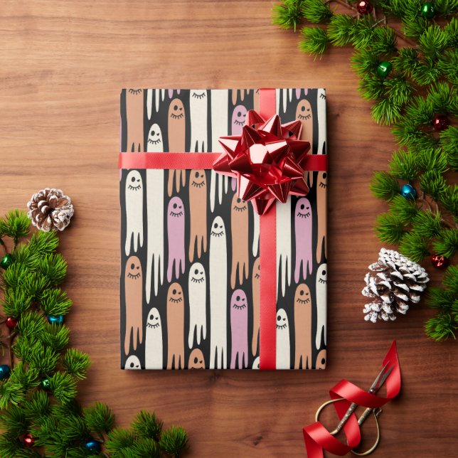 Papel De Presente Friendly Ghosts in Cream Orange and Pink  (Presente de Natal)