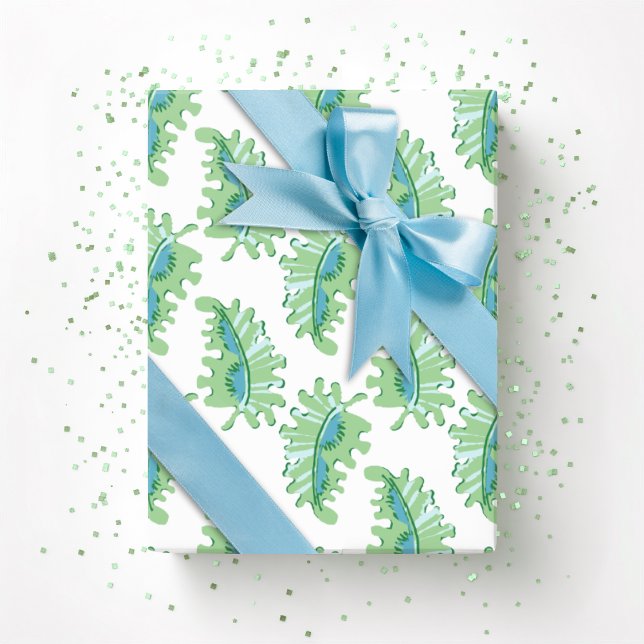 Papel De Presente Frilly Frond em Verde e Água-Marinha (Criador carregado)