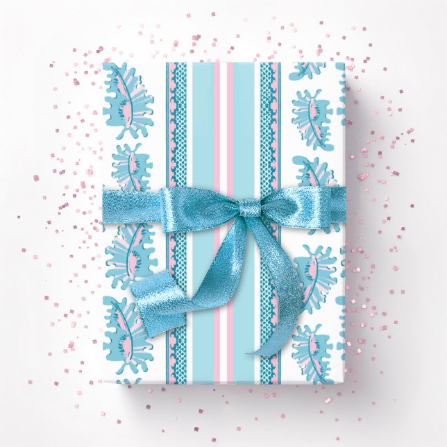 Papel De Presente Frilly Frond Stripe in Pink and Aqua (Criador carregado)