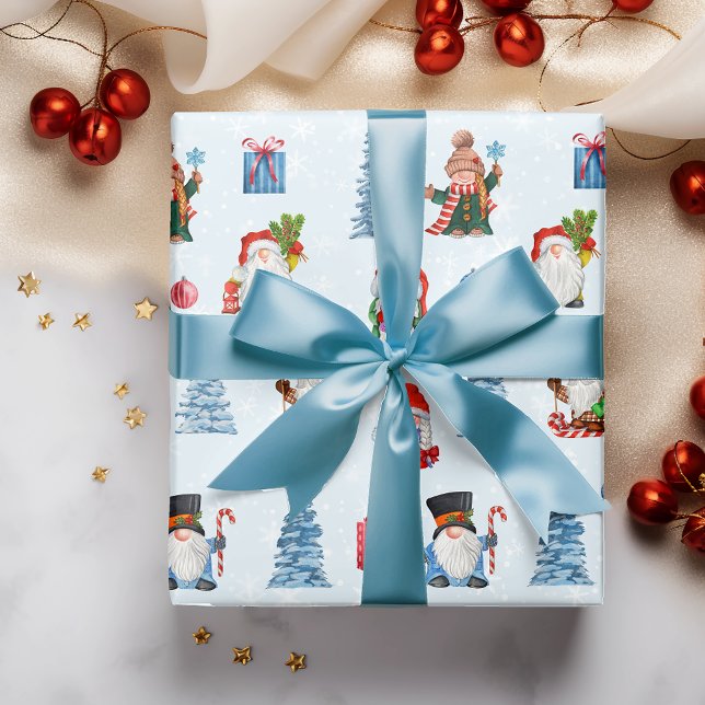 Papel De Presente Frio Natal Azul Gnomos Vermelhos (Criador carregado)