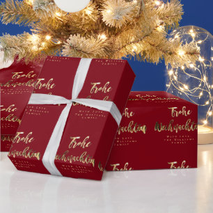 Papel De Presente Frohe Weihnachten Elegante Red Dourado Script Alem