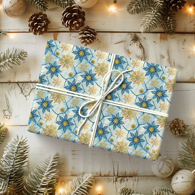 Papel De Presente Frozen Elegance Blue and Gold Snowflake (Criador carregado)