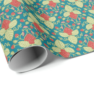 Papel De Presente Fruta de Morango Vermelho, Flores e Estolões 