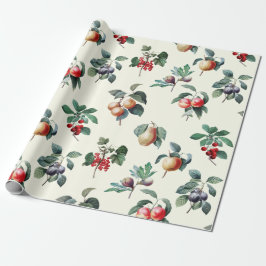 Papel De Presente Fruta de Vintagem Botânica Elegante em Branco