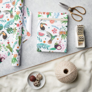 Papel De Presente fruta tropical e aves