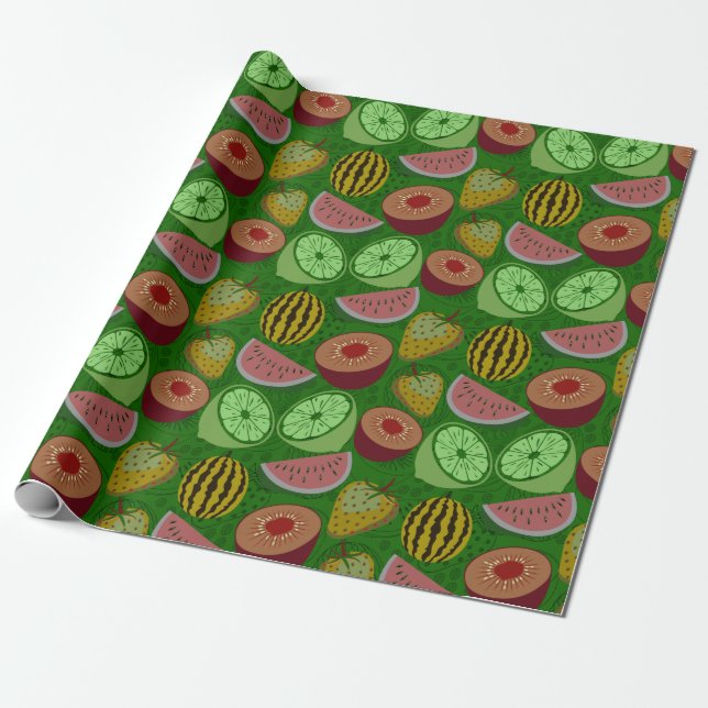 Papel De Presente Fruta tropical sem costura e fundo verde (Desenrolado)