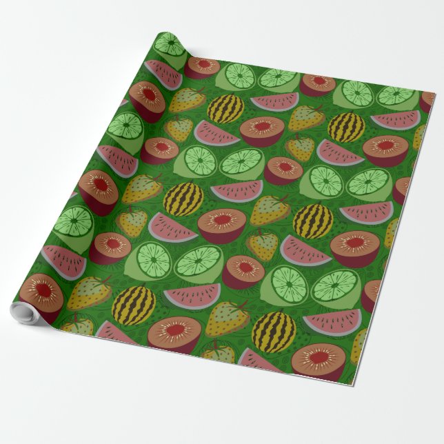 Papel De Presente Fruta tropical sem costura e fundo verde (Desenrolado)