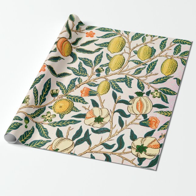 Papel De Presente Fruta William Morris Pomegranate Ornamento Branco (Desenrolado)