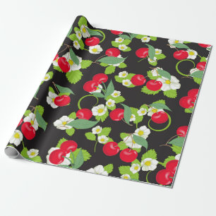 Papel De Presente Frutas de Cereja Vermelha Folhas Verdes Lindas Flo