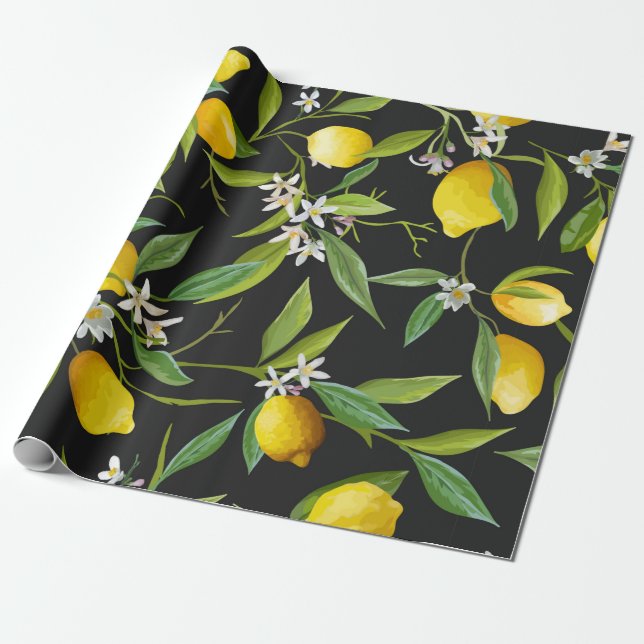 Papel De Presente Frutas de limão e flores em fundo escuro (Desenrolado)