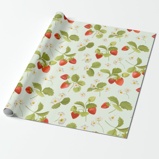 Papel De Presente Frutas de morango, Folhas e Flores (Desenrolado)