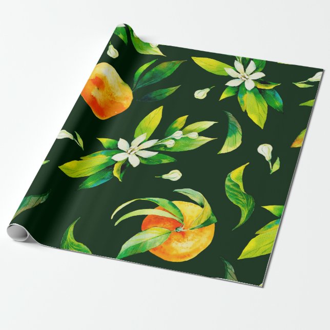 Papel De Presente Frutas e folhas de citrinos sem costura (Desenrolado)