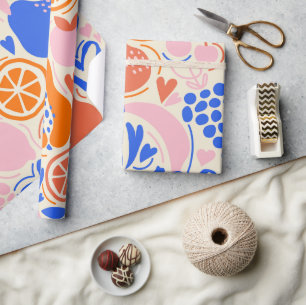 Papel De Presente Frutas Legumes Laranja Azul