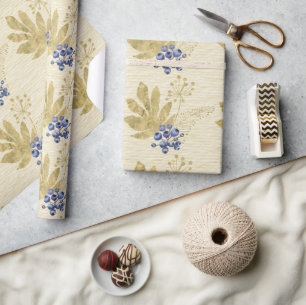 Papel De Presente Frutas Roxas e Folhas Douradas em Amarelo Pálido