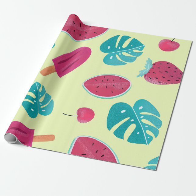 Papel De Presente Frutas Tropicais Adoráveis Deixam Padrão De Pop De (Desenrolado)