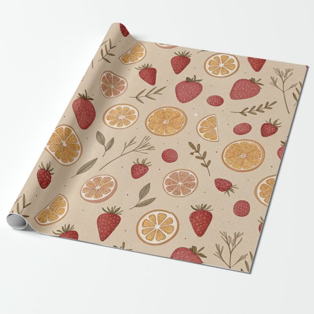 Papel De Presente Frutas Vermelhas Rústicas e Cítricos em Bege Envel (Desenrolado)