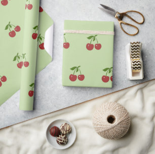 Papel De Presente Frutas Vintage Padrão de Cereja Verde e Vermelha P