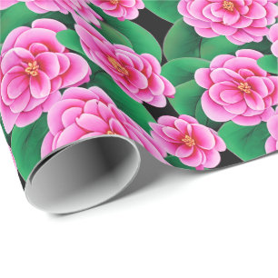 Papel De Presente Fuchsia Pink Camellias e Jade Green Folhas
