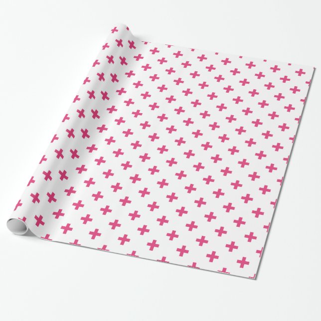 Papel De Presente Fuchsia polka cruza em branco (Desenrolado)