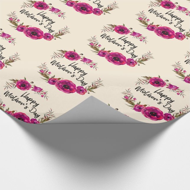 Papel De Presente Fuchsia Poppies Floral Wreath Happy Dia de as mães (Ponta)