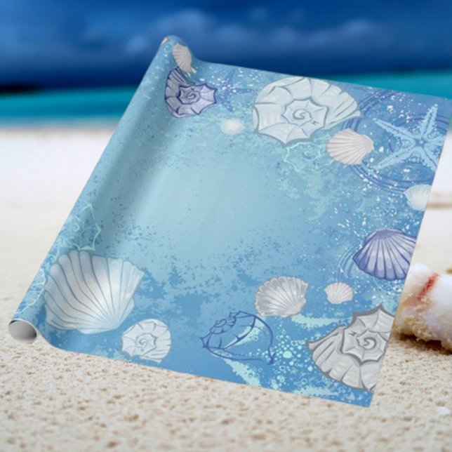 Papel De Presente Fundo Azul com Conchas (Summer Celebrations with Our Beach Wrapping Paper!)