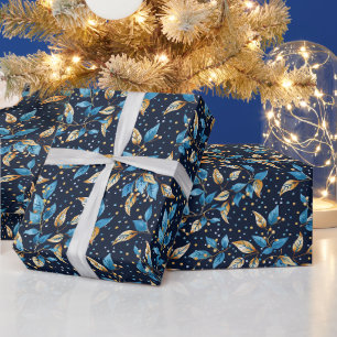 Papel De Presente Fundo Azul com Folhas Brilhantes Azuis