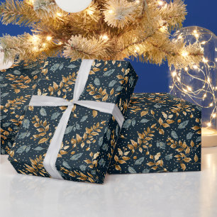 Papel De Presente Fundo Azul Com Folhas Douradas E Teais De Cinza