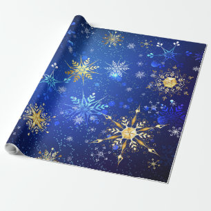 Papel De Presente Fundo Azul XMAS com Flocos de Neve Ouro