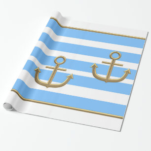 Papel De Presente fundo branco azul da âncora dourada