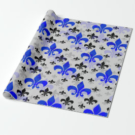 Papel De Presente Fundo Branco Azul Fleur De Lis Preto