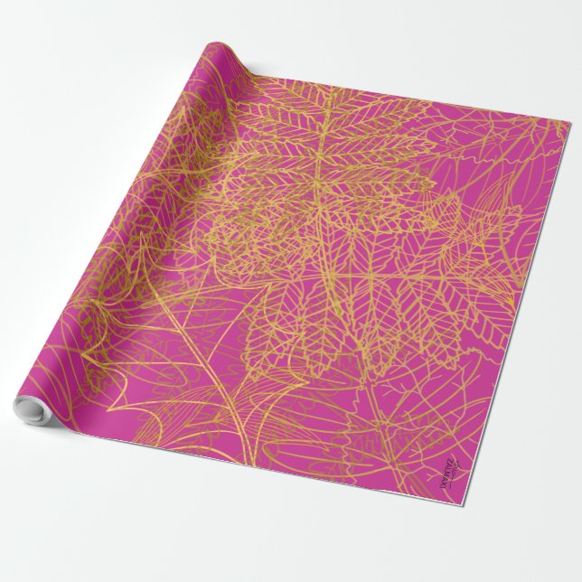 Papel De Presente Fundo Clássico Dourado Folha Fuchsia (Desenrolado)