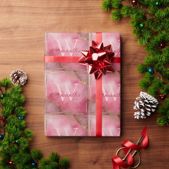 Papel De Presente Fundo de Aquarela Rosa com Glitter Dourado (Presente de Natal)