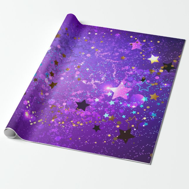 Papel De Presente Fundo de folhas roxas com estrelas (Desenrolado)