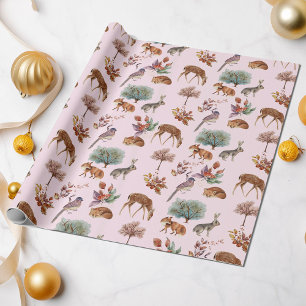 Papel De Presente Fundo de Rosas claro de Aves e Animais das Florest