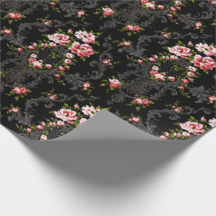 Papel De Presente Fundo Floral-Preto do Rococo Francês Elegante 