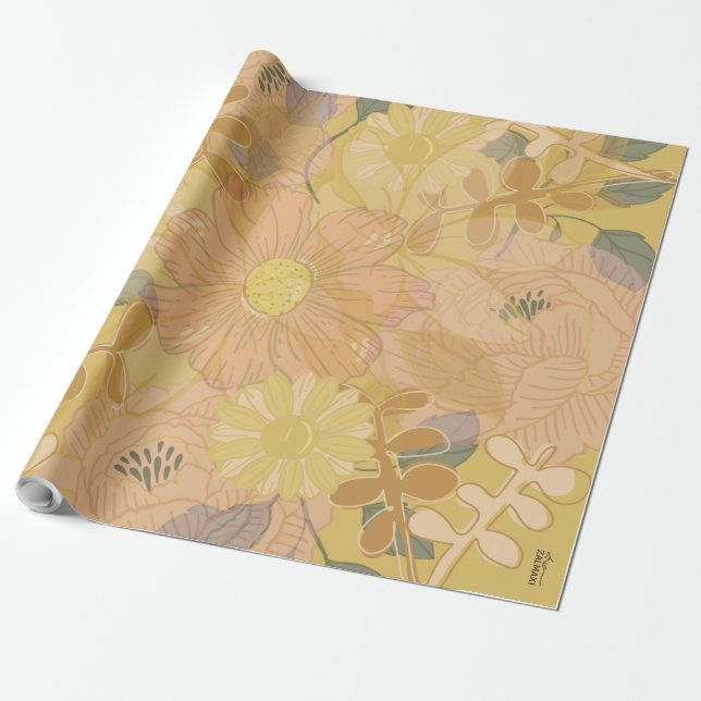 Papel De Presente Fundo Floral Violeta de Folha Dourada Chic (Desenrolado)