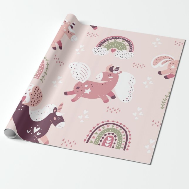 Papel De Presente Fundo mágico com pequenos unicórnios e arco-íris (Desenrolado)