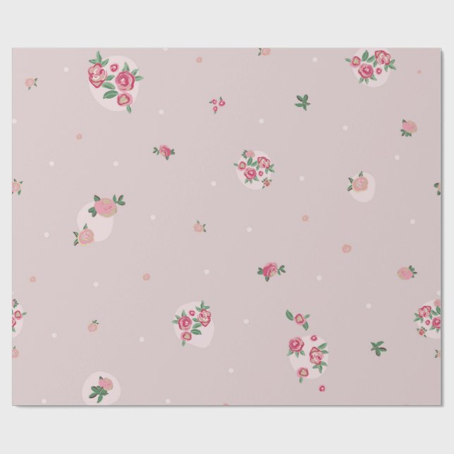 Papel De Presente Fundo rosa e rosas ditsy (Aberto)