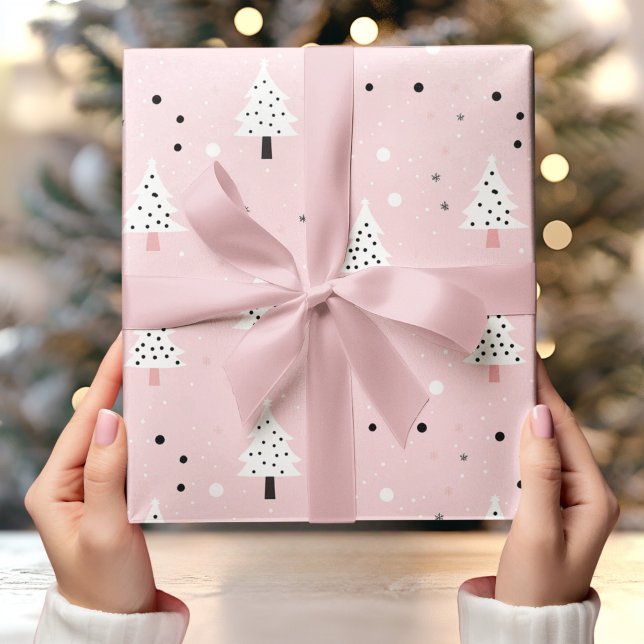 Papel De Presente Fundo rosa pastel com árvore branca de Natal (Criador carregado)