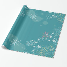Papel De Presente Fundo Teal com Flocos de Neve Brancos Enrolando