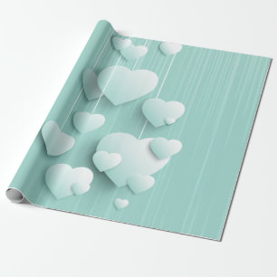 Papel De Presente Fundo verde claro com corações brancos 3D