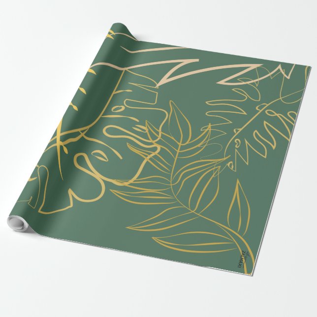 Papel De Presente Fundo Verde Folha Dourada Chic (Desenrolado)