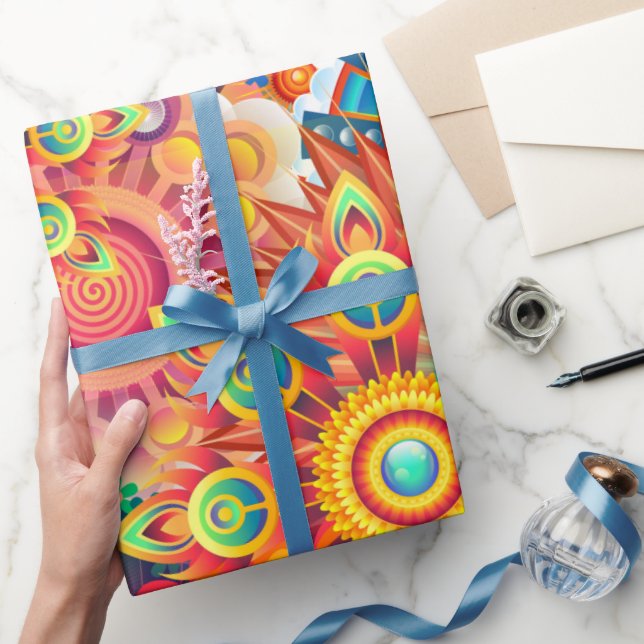 Papel De Presente Funky Retro Pattern Abstrato Bohemian (Presentear)