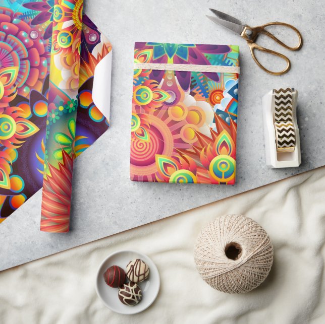 Papel De Presente Funky Retro Pattern Abstrato Bohemian (Artesanato)