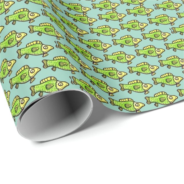 Papel De Presente Funny Cartoon Green Fish Drawing (Ponta do rolo)