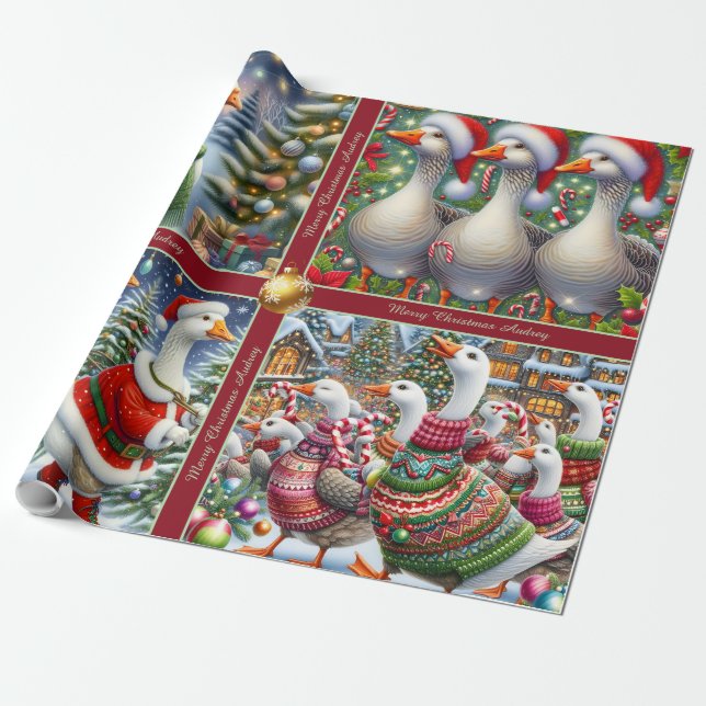 Papel De Presente Funny Geese Christmas Wrapping Paper (Desenrolado)