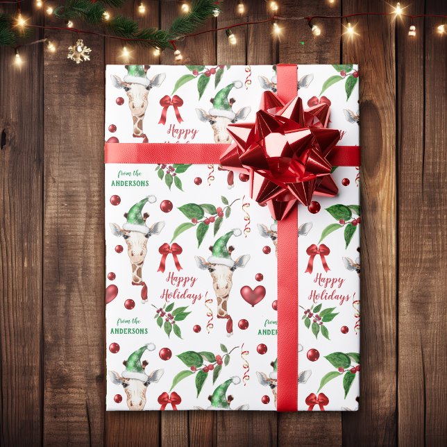Papel De Presente Funny Giraffe Santa Hat Holly Heart (Criador carregado)