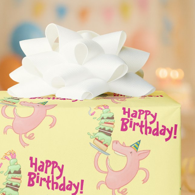 Papel De Presente Funny Pig Happy Birthday! Giant Layer Cake Cartoon (Criador carregado)